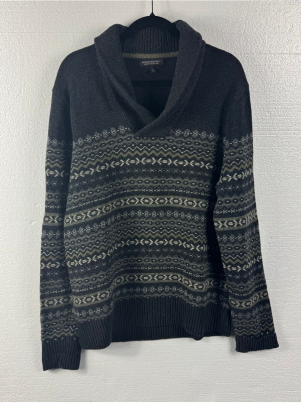 Banana Republic Italian Yarn Fair Isle Shawl Collar Merino Wool Sweater size L
